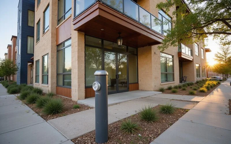 Utility meter beside a new garden-style apartment building in soft light