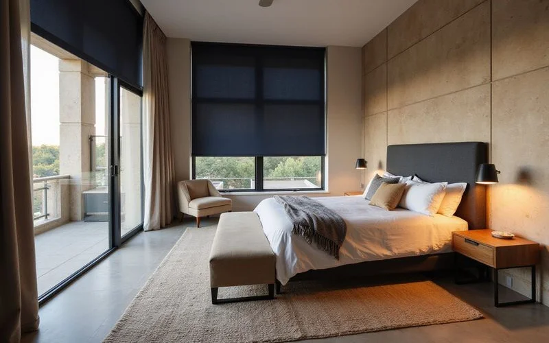 Blackout-shaded bedroom in a new apartment with soft daylight at the edges