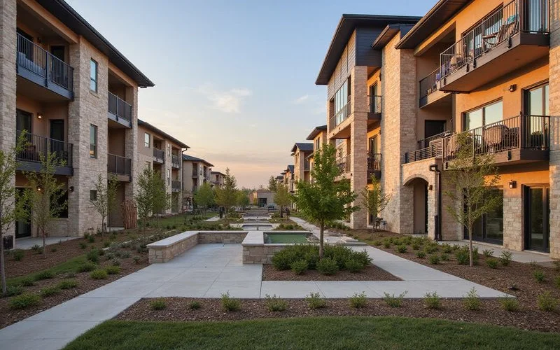 Brand-new apartment courtyard with fresh landscaping during lease-up