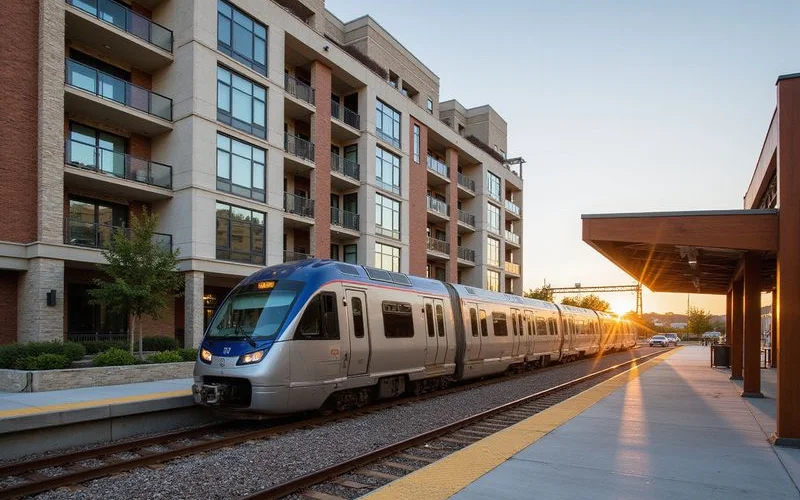 Commuter train at a Fort Worth station with new mid-rise apartments behind