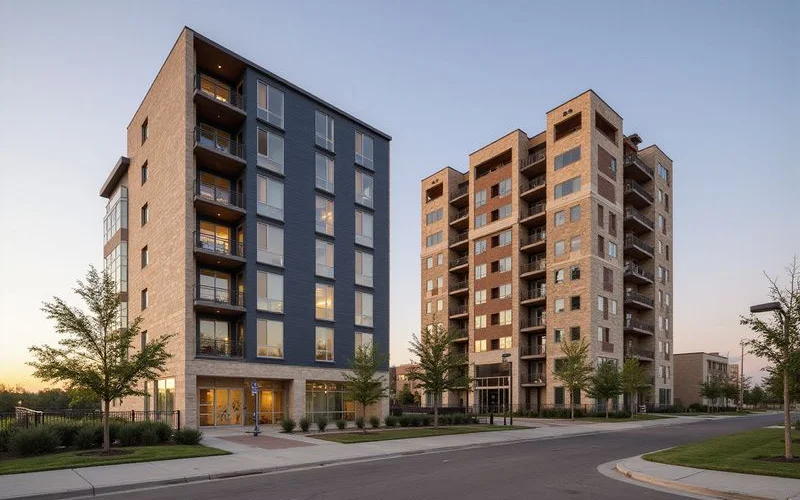 Finished apartment building beside one under construction