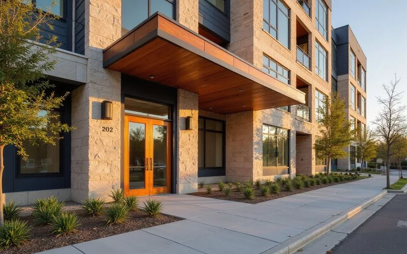 Modern mid-rise apartment entrance with a warm wood canopy
