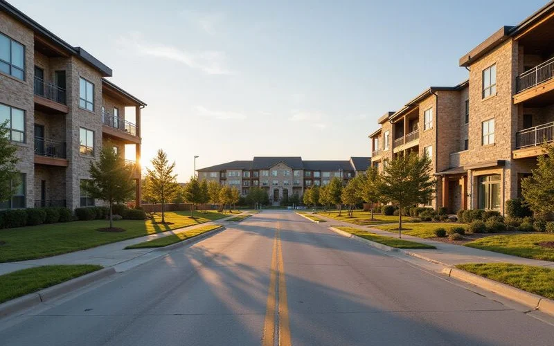 Morning commute road leaving a new apartment community toward an employment campus