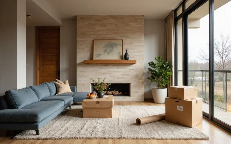 Moving boxes and a rolled rug in a bright new apartment on a winter afternoon