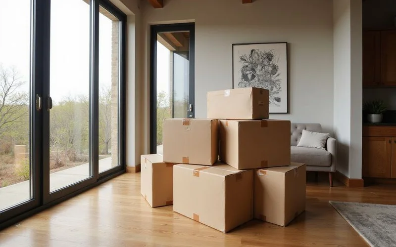 Moving boxes in a bright new Fort Worth apartment living room