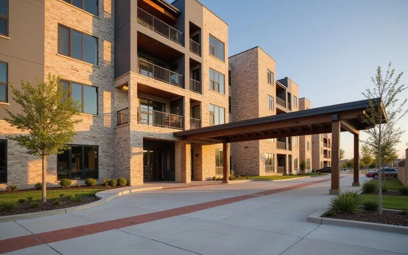 New apartment building entrance with a covered drop-off and level walkways