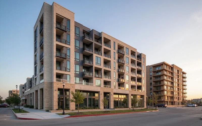 New apartment building with scaffolding beside a completed first phase