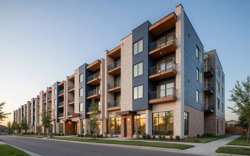 New mid-rise apartment exterior with balconies under a clear sky