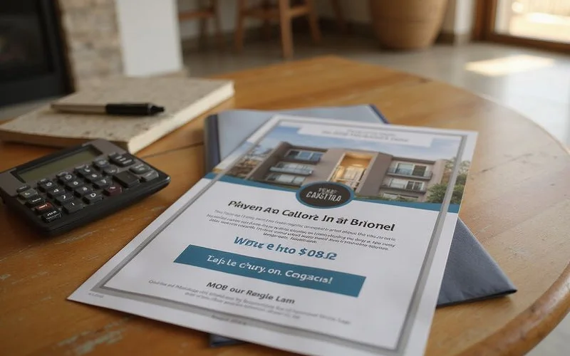 Printed move-in special flyer beside a calculator and lease folder