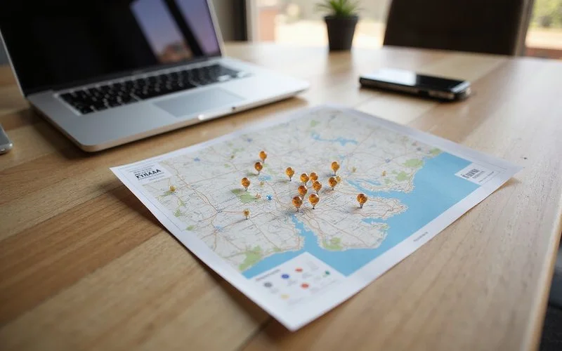 Printed map of new Fort Worth apartment communities on a desk beside a laptop