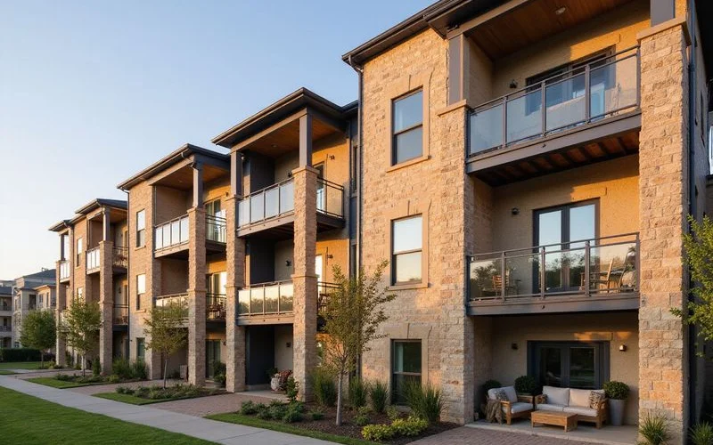 Row of brand-new apartment balconies in North Texas at golden hour