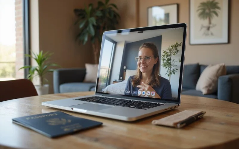 Step graphic: video walk, pre-check, e-sign, utilities