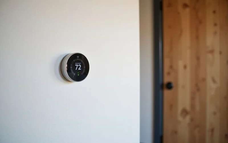 Thermostat and HVAC return vent on a fresh white wall