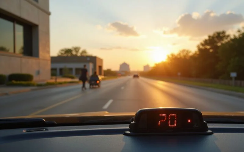 Toll transponder on a car windshield with the road ahead at sunrise