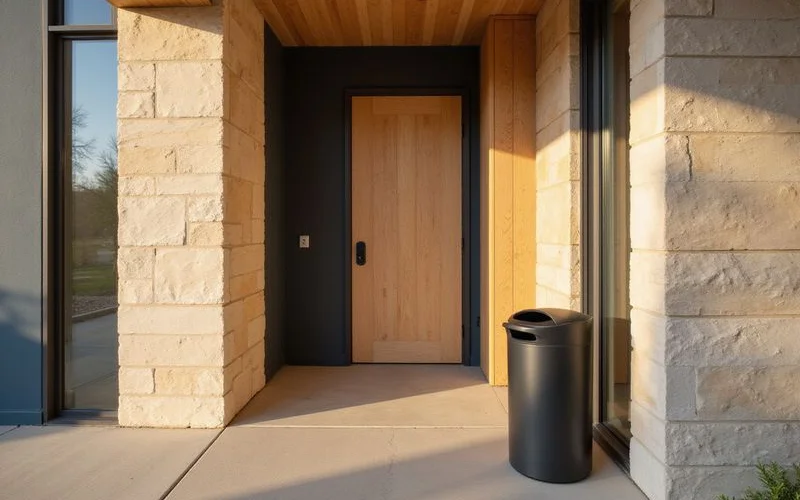 Valet trash bin beside a new apartment door in a bright corridor