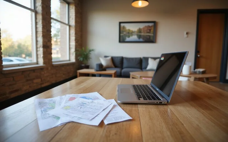 Desk with printed fee sheets, a laptop, and a map of apartment communities