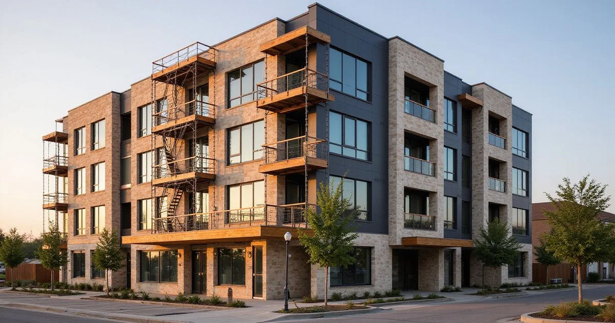 Apartment building in final construction with scaffolding and a finished limestone base