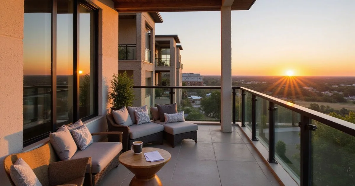 Balcony of a new apartment at golden hour with a coffee mug and a renewal letter