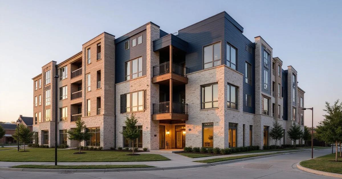 Brand-new four-story apartment building facade in Fort Worth at golden hour