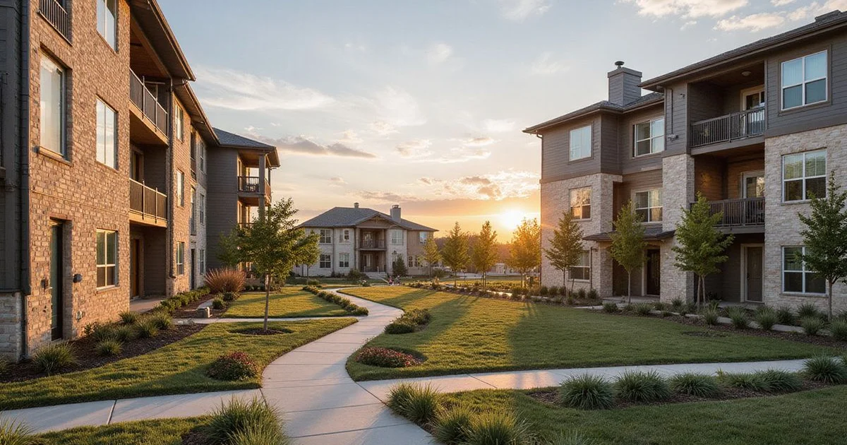Brand-new garden-style apartment buildings in Benbrook, Texas at golden hour