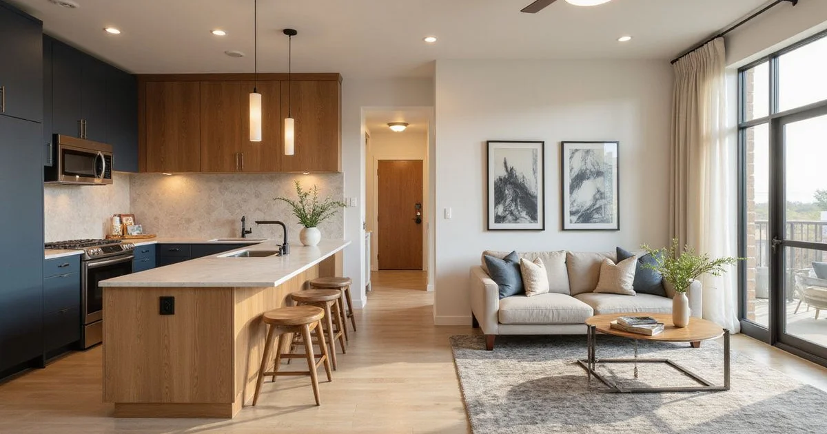Bright new apartment kitchen and living area with natural wood and white walls