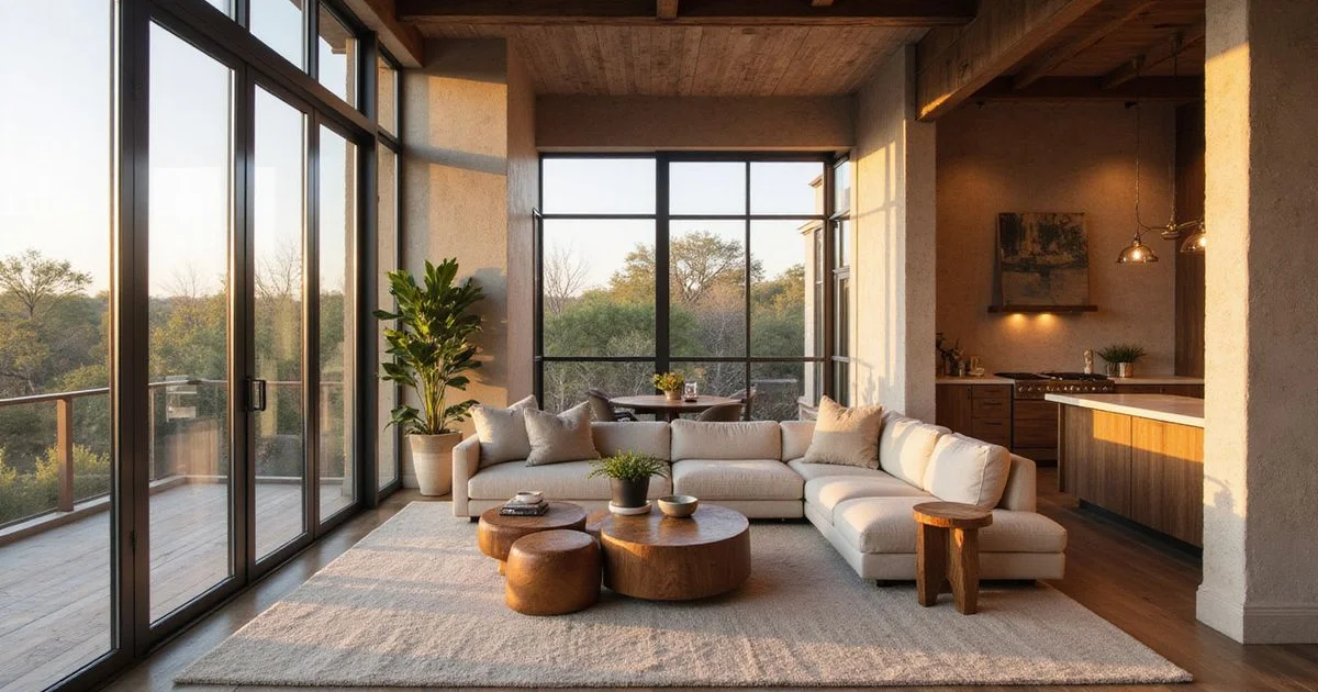 Bright new apartment living room with large windows and wood floors