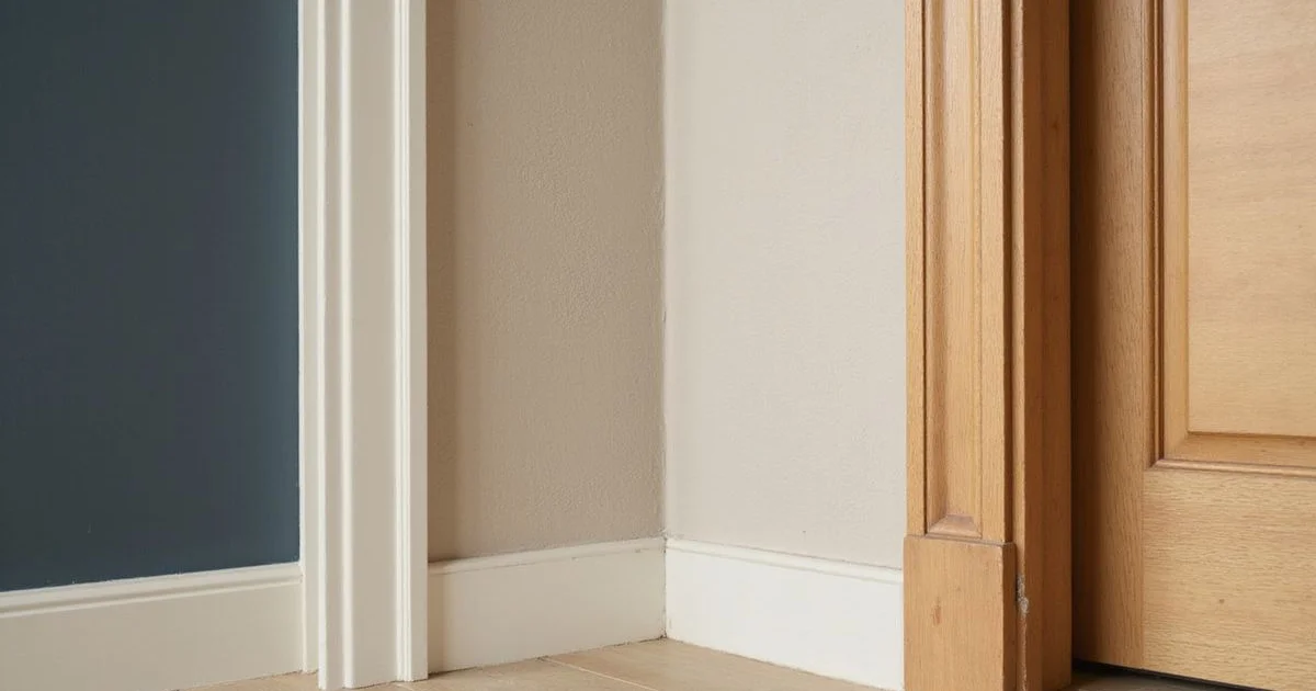 Close detail of a fresh drywall corner and new baseboard in a bright apartment