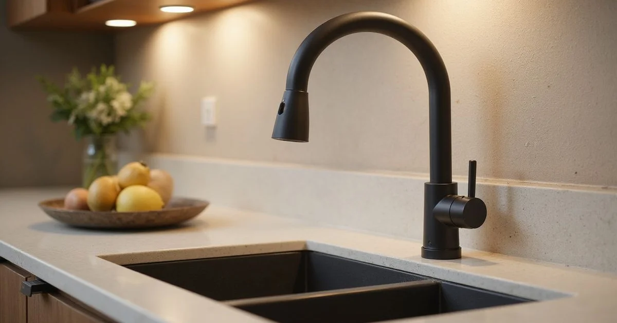 Kitchen faucet and quartz counter in a new apartment in soft golden-hour light