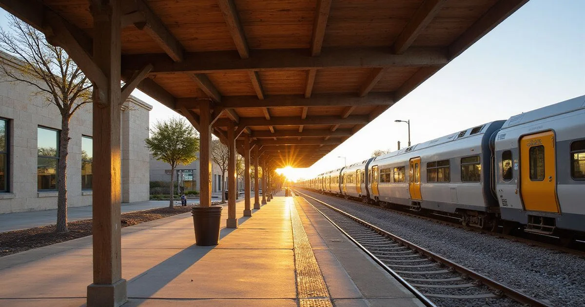 Commuter rail platform in Fort Worth at golden hour with a train arriving