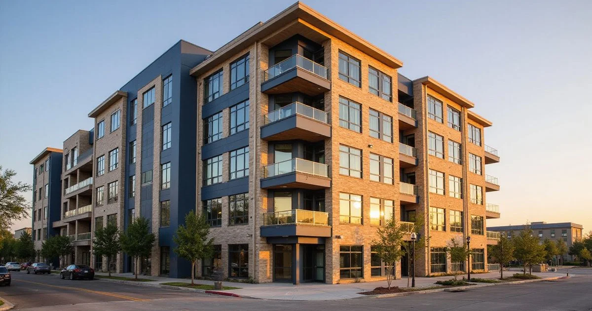 Corner unit of a new mid-rise apartment building with tall windows at golden hour