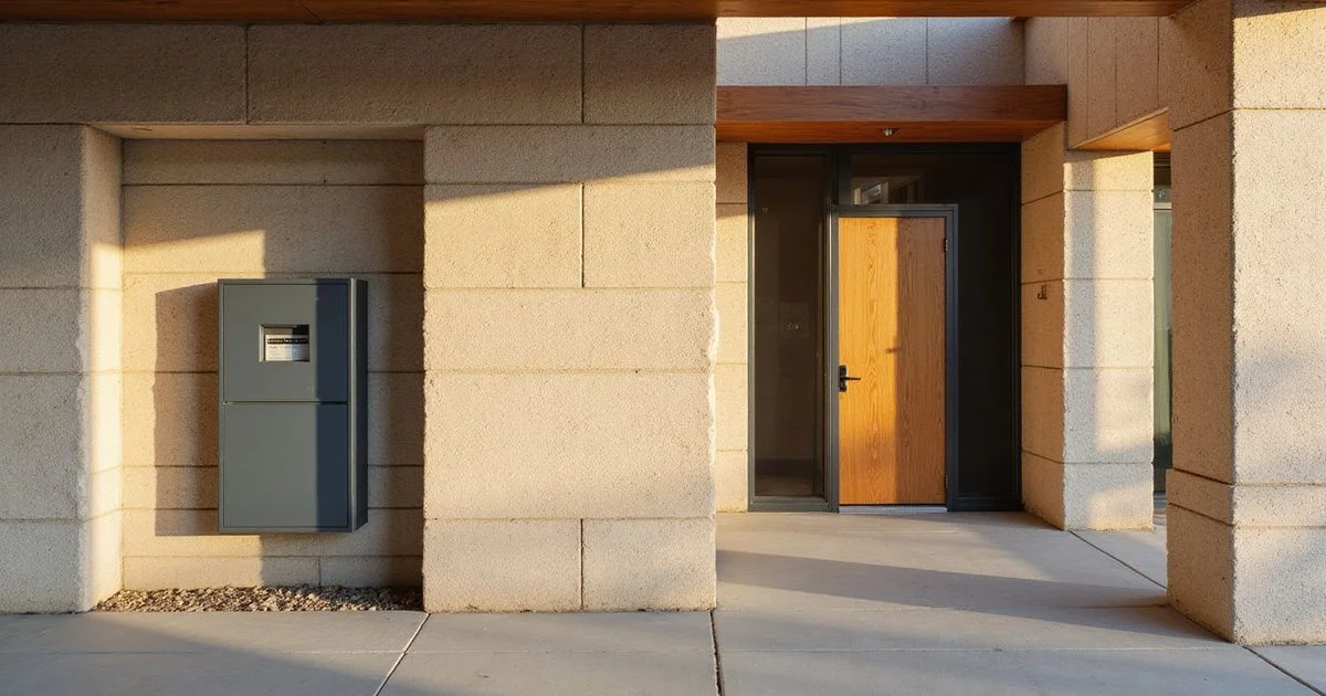 Electric meter bank on the limestone wall of a new apartment building in golden-hour light