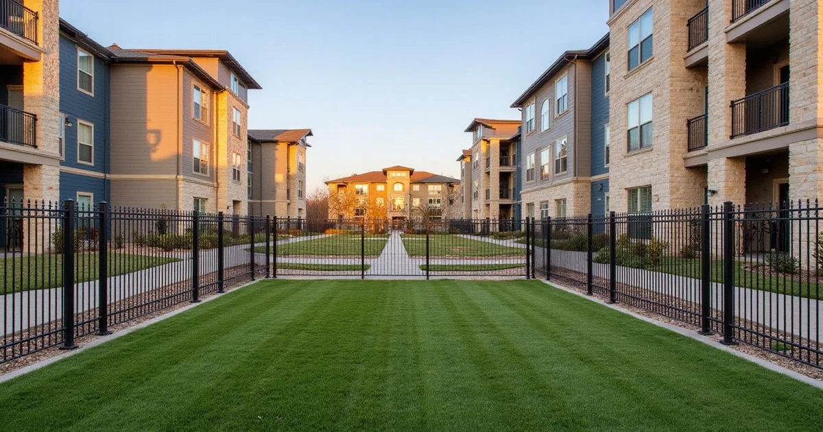 Fenced dog park at a new apartment community with turf and limestone walls
