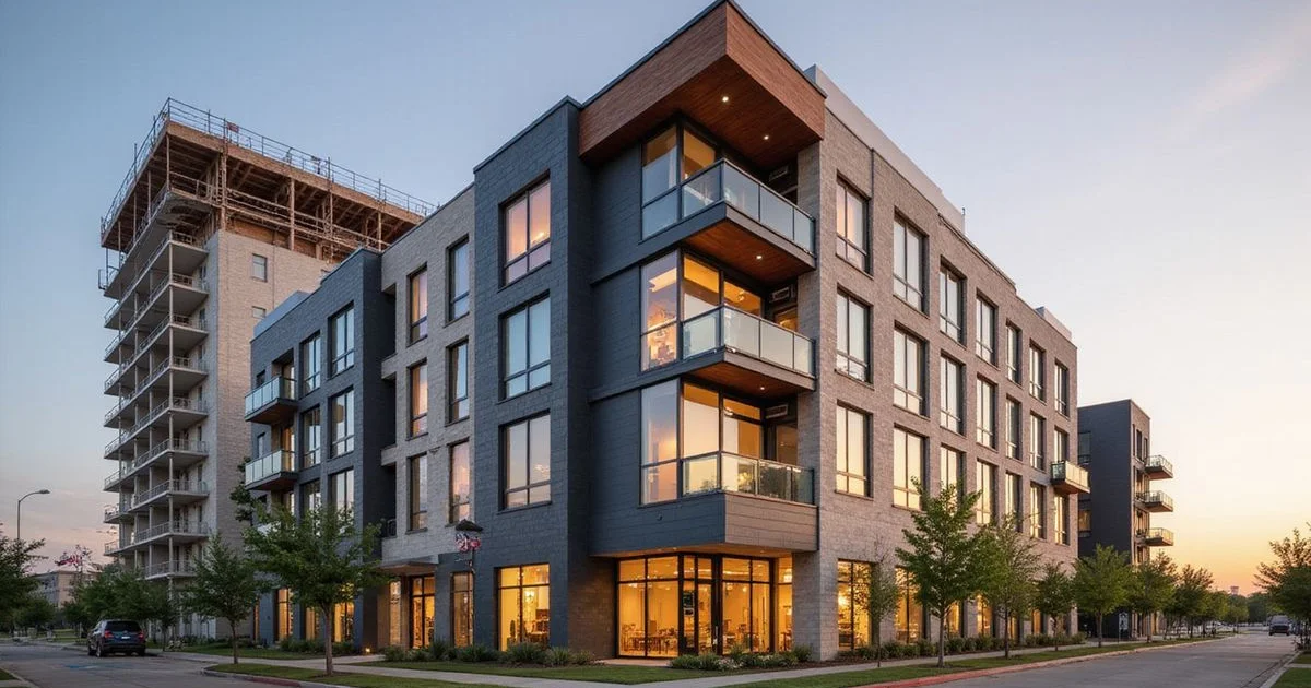 Finished apartment building beside one still under construction at golden hour