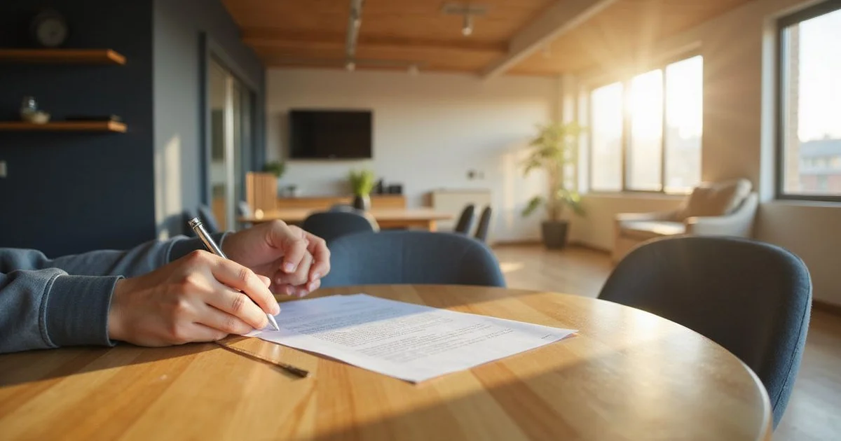 Hand signing a lease addendum on a wood table in a bright new apartment