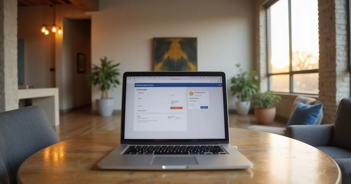 Laptop showing a resident portal ledger on a wood desk in a new apartment
