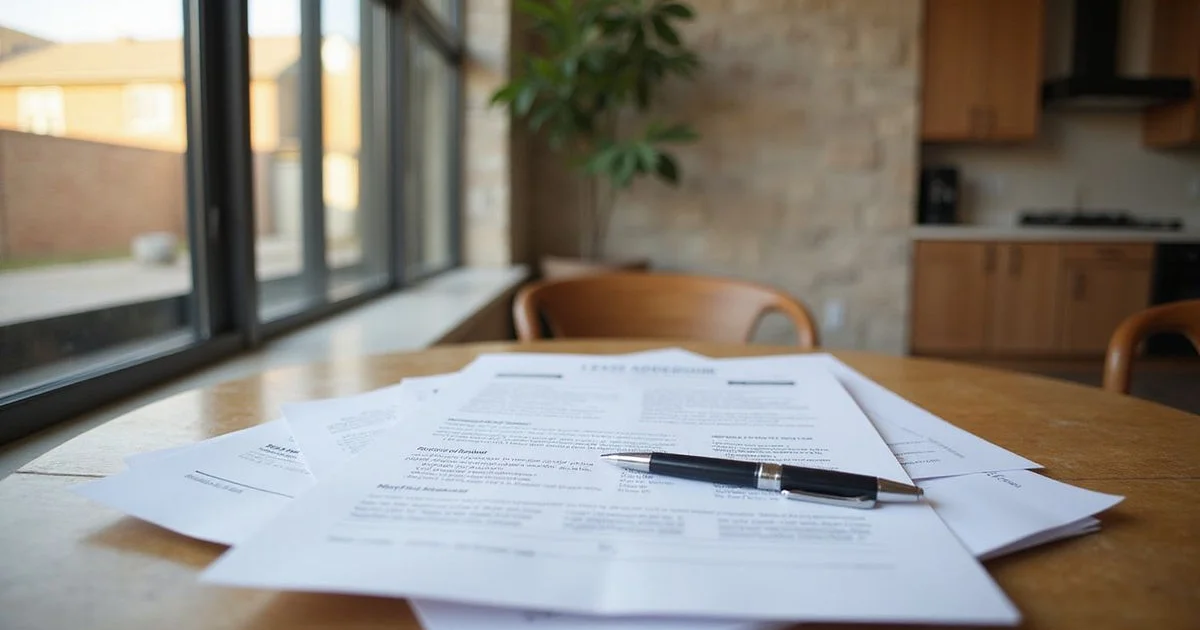 Lease addendum pages fanned on a wood table with a pen in soft window light
