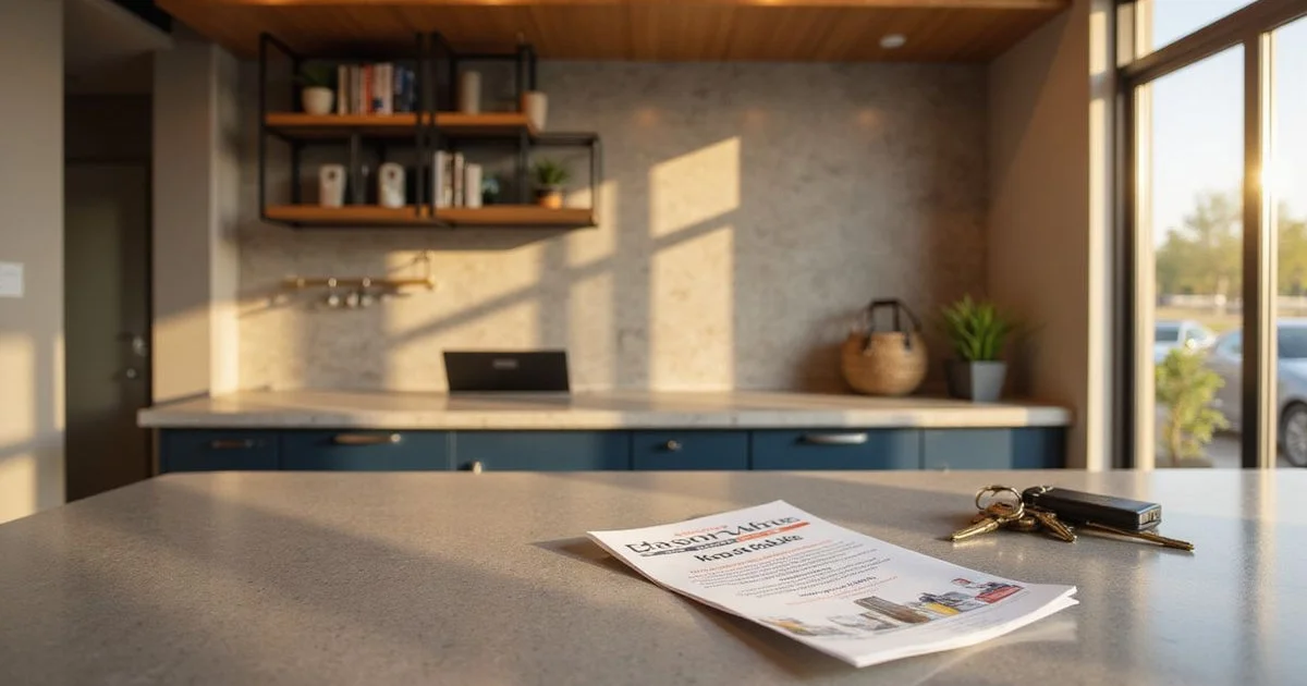 Leasing office counter with a printed special flyer and keys in warm light