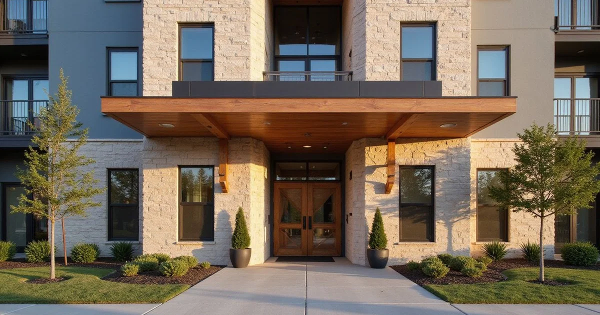 Modern mid-rise apartment entrance with a warm wood canopy at golden hour