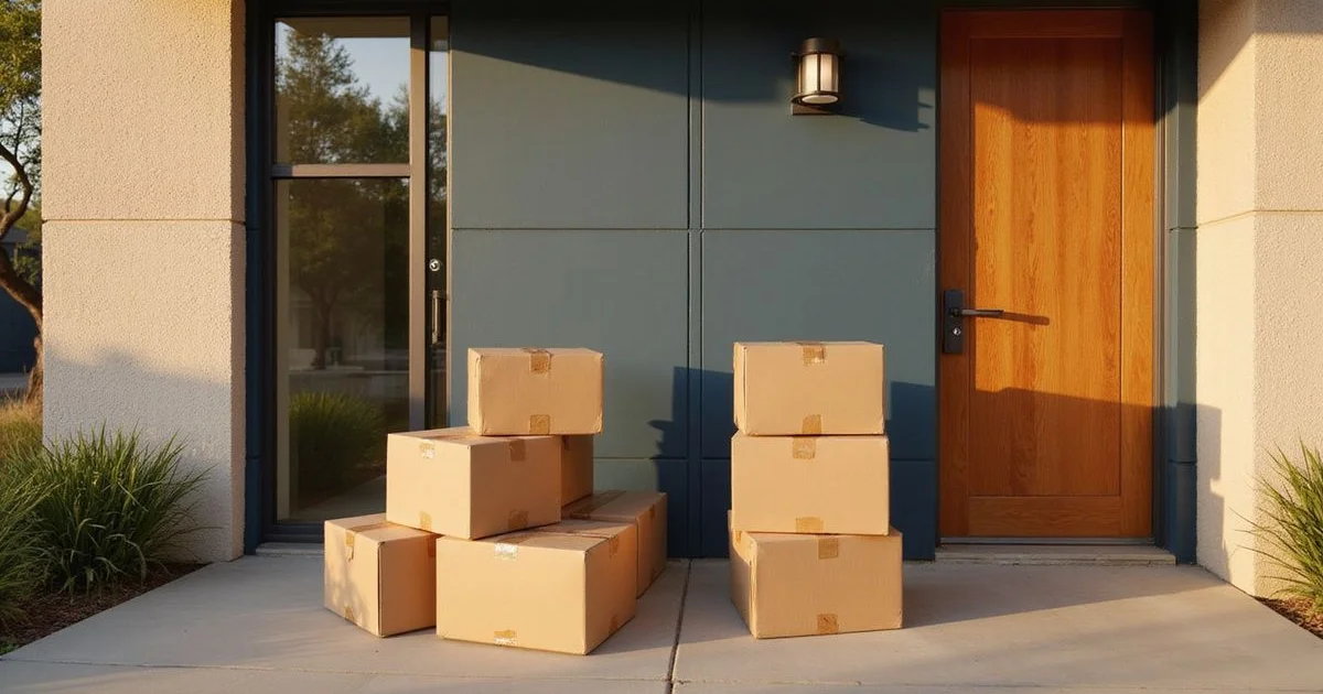 Moving boxes stacked by the door of a bright new apartment