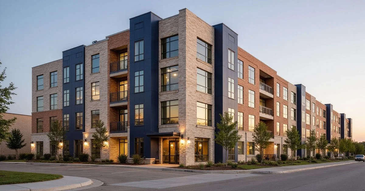 New apartment building in the Northeast Tarrant suburbs at golden hour