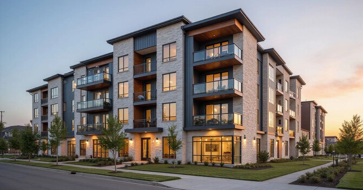 New apartment building in west Fort Worth at golden hour with open sky