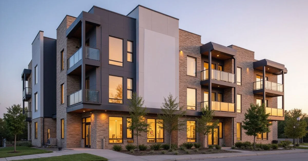 New apartment building during lease-up at golden hour