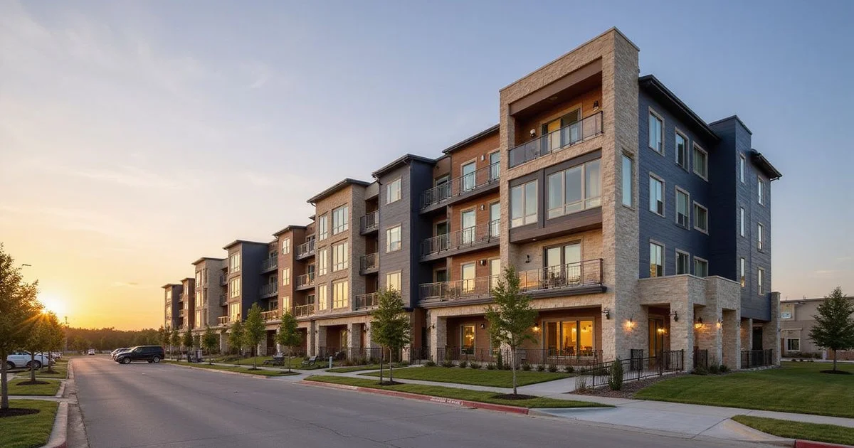 New apartment community near an open North Texas logistics landscape at golden hour