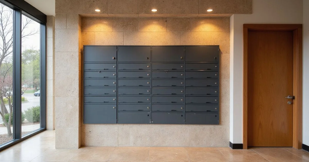 New apartment mailbox wall with blank labels in a bright lobby