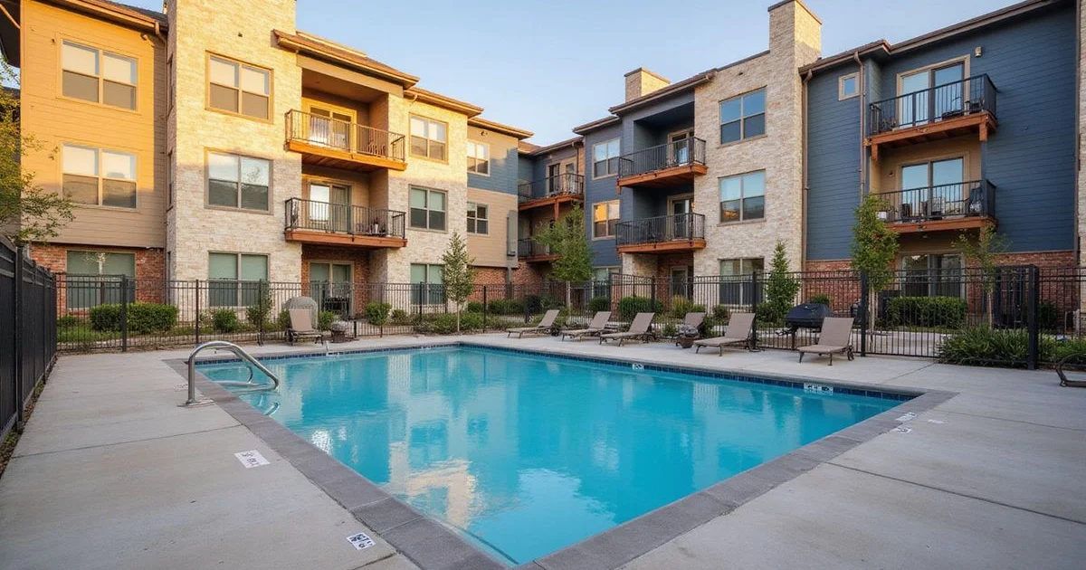 New apartment pool deck nearly finished with temporary fencing at golden hour