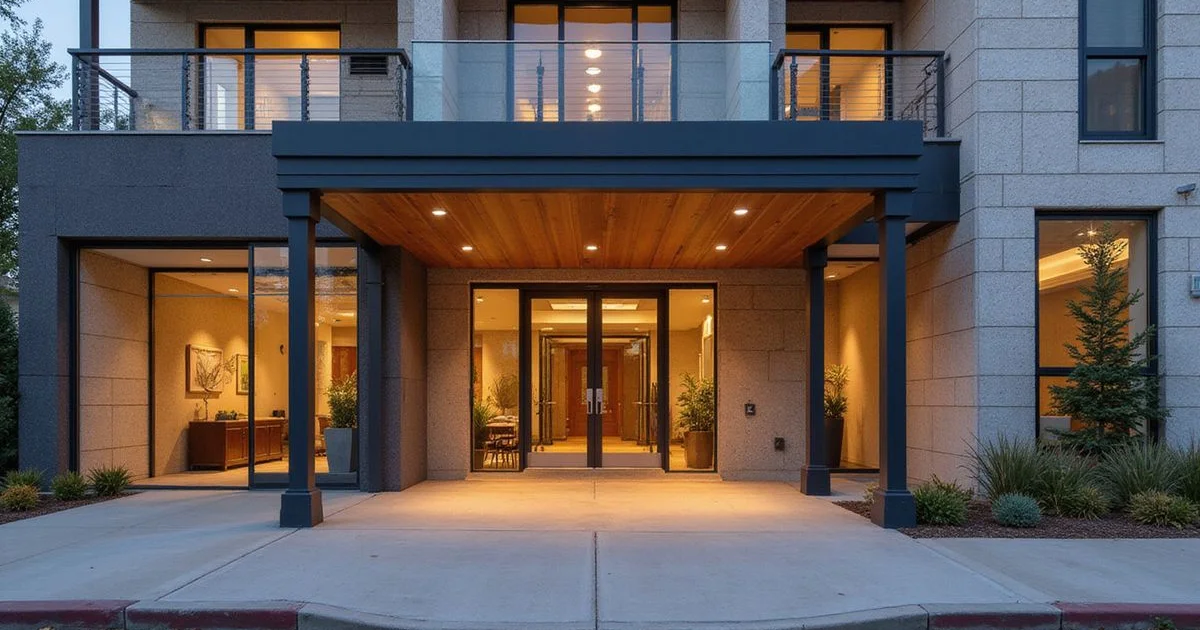 New Fort Worth apartment entrance on a clear late-autumn evening with warm lobby light