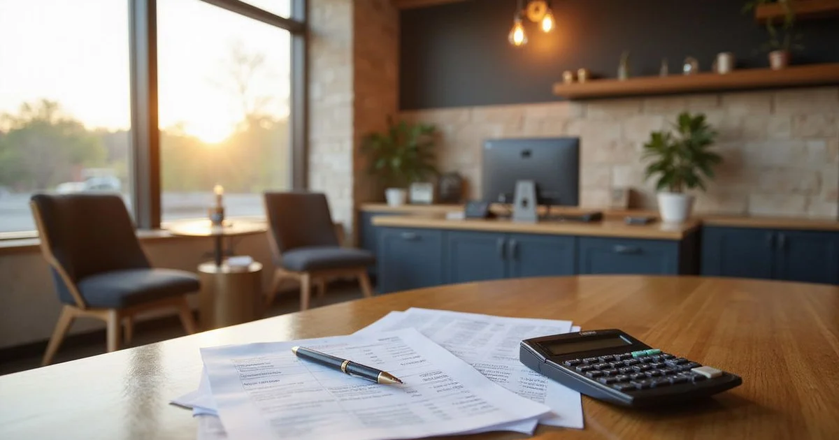 Leasing office desk at a new Fort Worth apartment with a printed fee sheet and a calculator