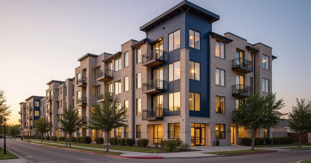 New mid-rise apartment near Fort Worth's Near Southside at golden hour