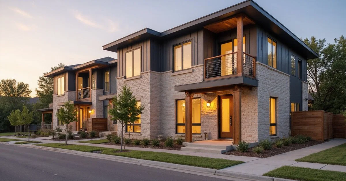 New two-story townhome-style apartments in Grand Prairie at golden hour
