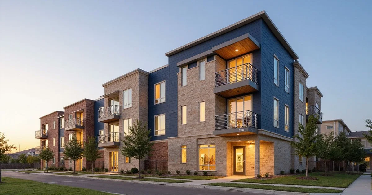 New workforce apartment building facade in Fort Worth at golden hour